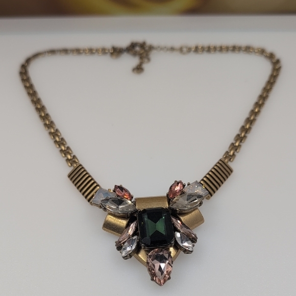 J. Crew Gold and Forest Green Art Deco Necklace - Picture 1 of 7